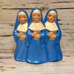 Blue Singing Nun Ceramic Taper Candle Holder Religious Hand Painted Figurine